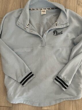 Victoria's Secret PINK Light Blue Fleece Pullover with Black Logo Trim